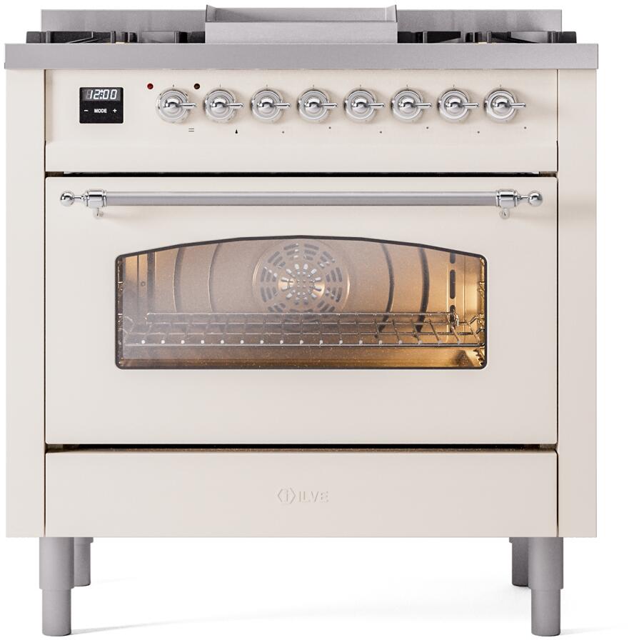Antique white dual fuel freestanding range front, glass oven window and knob controls