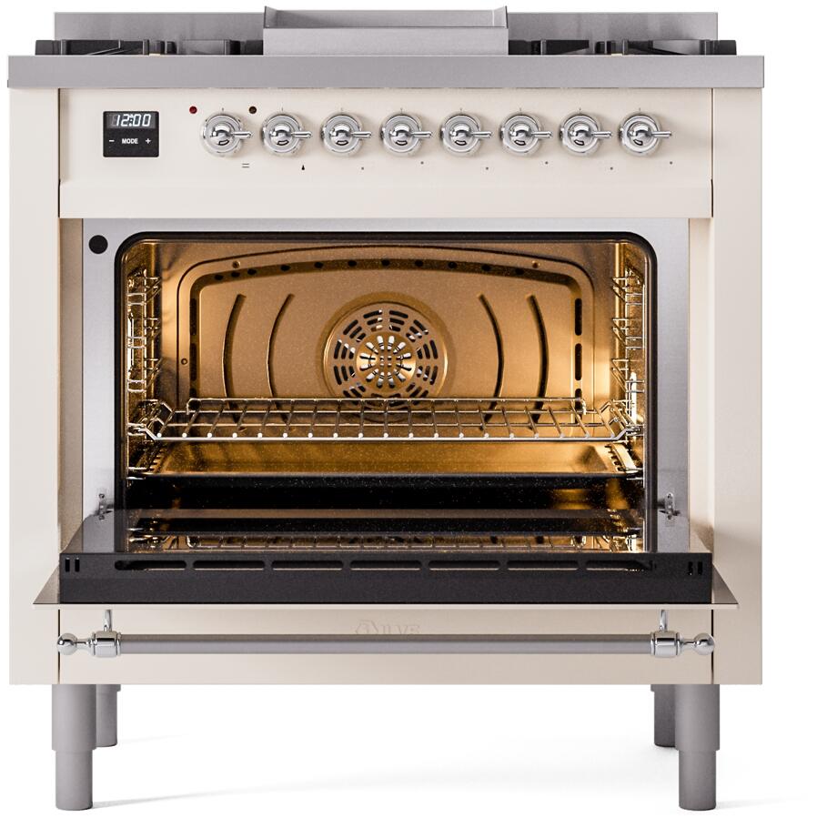 Antique white dual fuel freestanding range with open oven door and interior rack