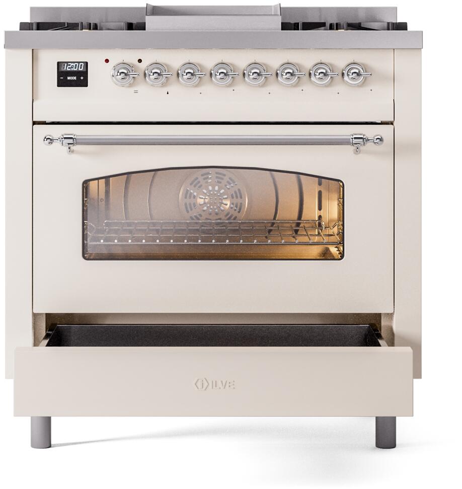 Antique white dual fuel freestanding range with oven door open and heating elements visible