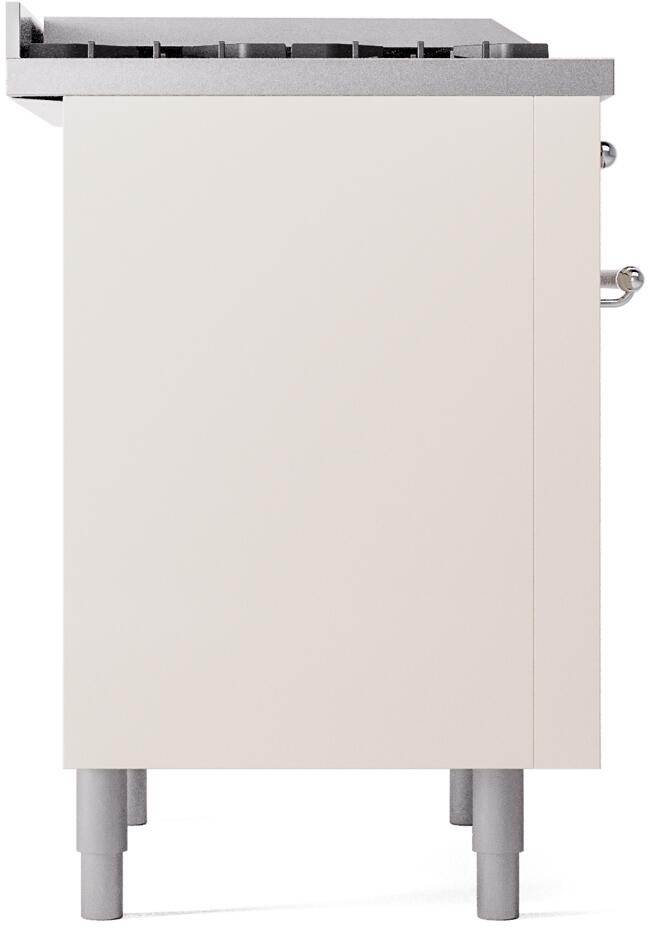 Antique white freestanding range side view with chrome handle hardware and legs.