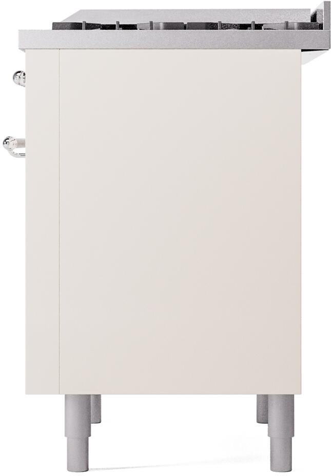 Antique white dual fuel freestanding range rear corner with chrome detail and legs