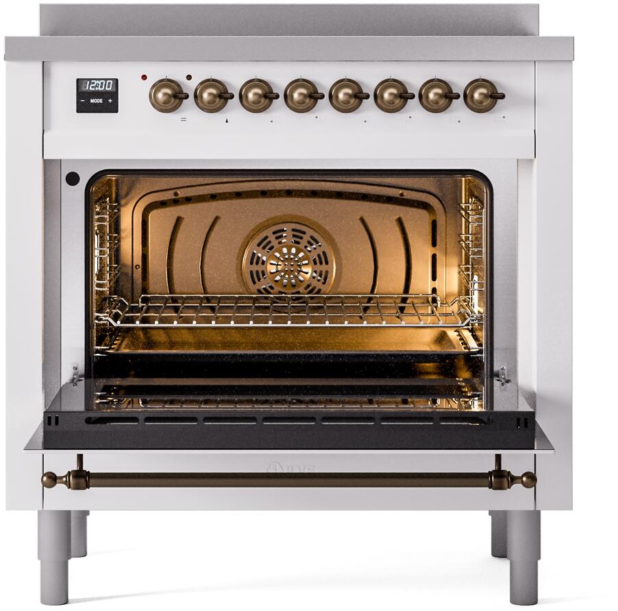 36-inch freestanding electric induction range oven door open with illuminated interior