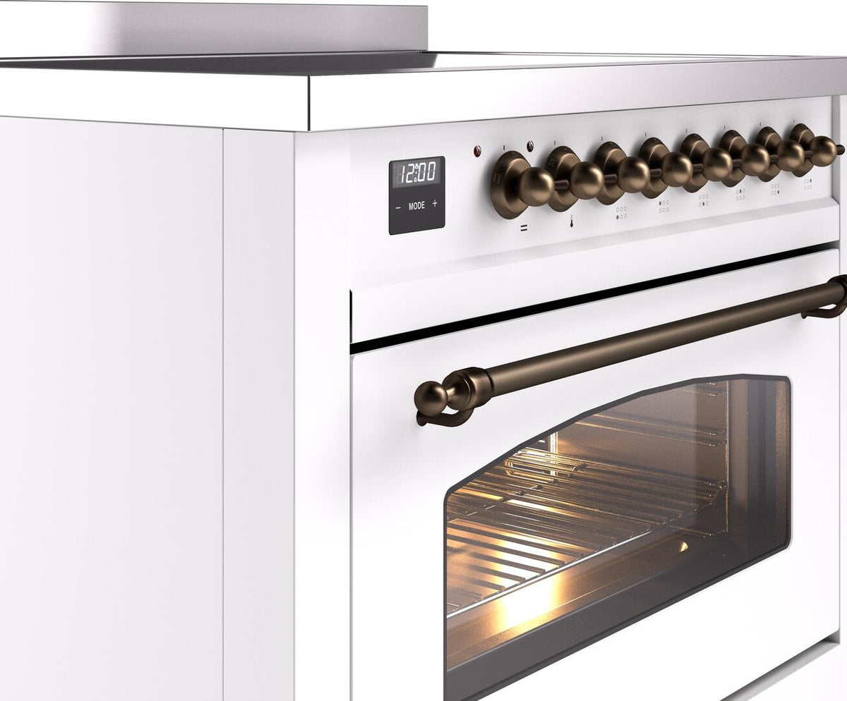 36-inch freestanding electric induction range side view, bronze knobs and curved handle