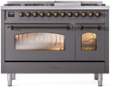 ILVE Nostalgie II 48-Inch Freestanding Natural Gas Dual Fuel Range in Matte Graphite with Bronze Trim (UP48FNMPMGB)