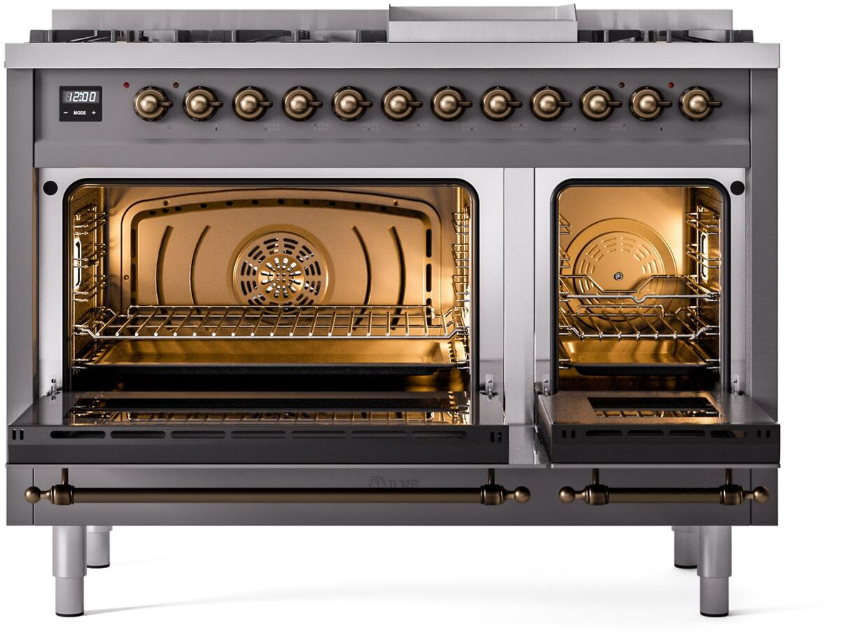 Dual fuel range dual oven doors open, wire racks visible in lit cavities, graphite