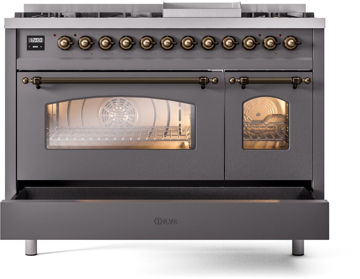 Dual fuel range front view with left oven door open and lit interior, matte graphite