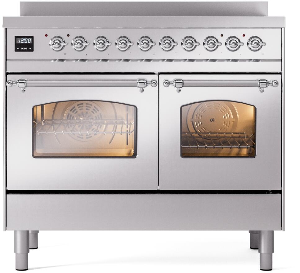 Stainless steel freestanding range with two glass-oven doors and chrome control knobs