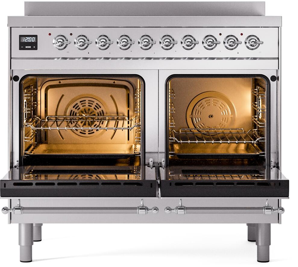 Open dual ovens with illuminated interiors, racks, and stainless steel trim