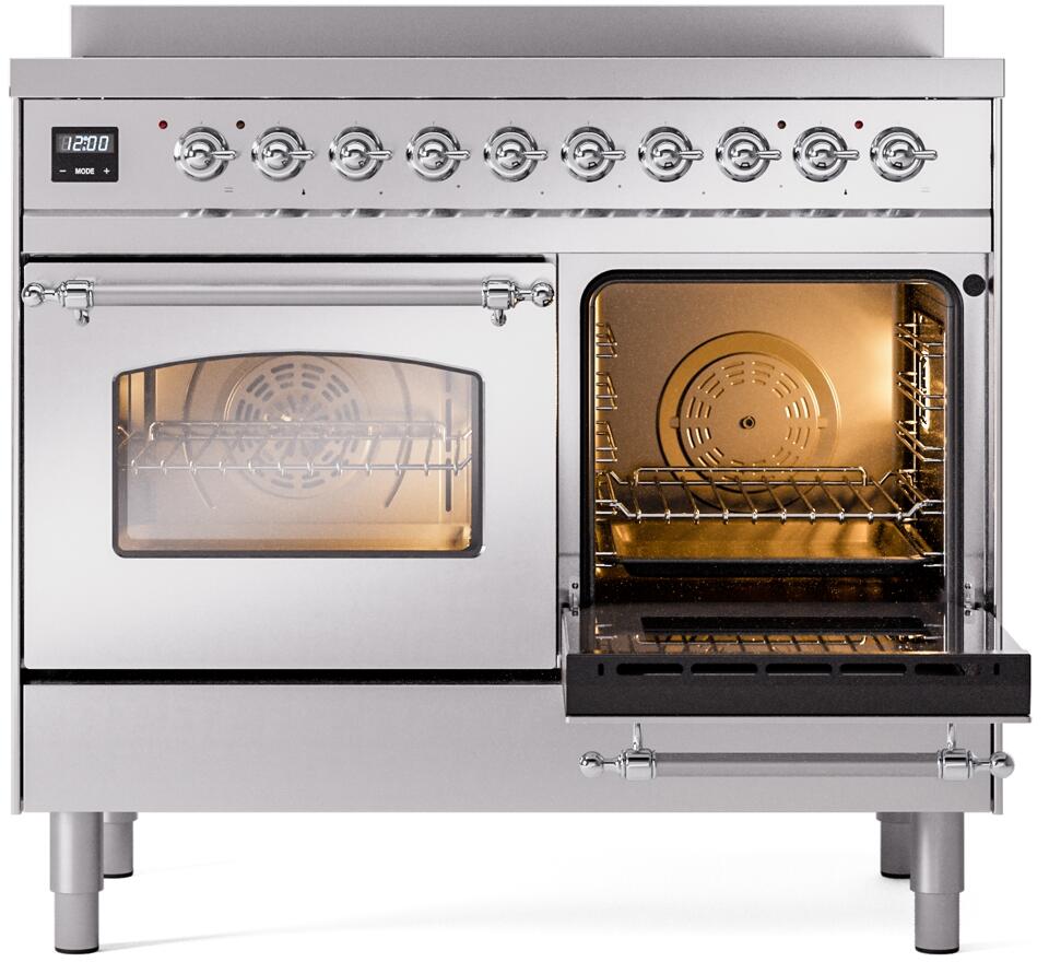 Stainless steel range with one open oven and one closed glass-door oven