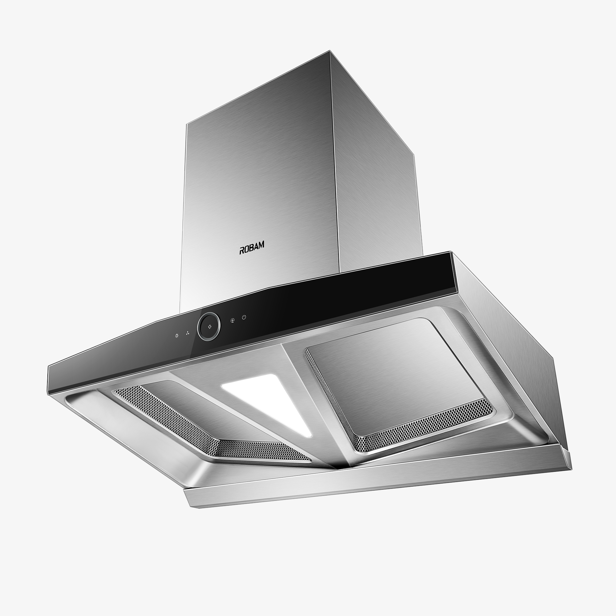 Stainless steel wall mount range hood with mesh filters and control panel, angled view