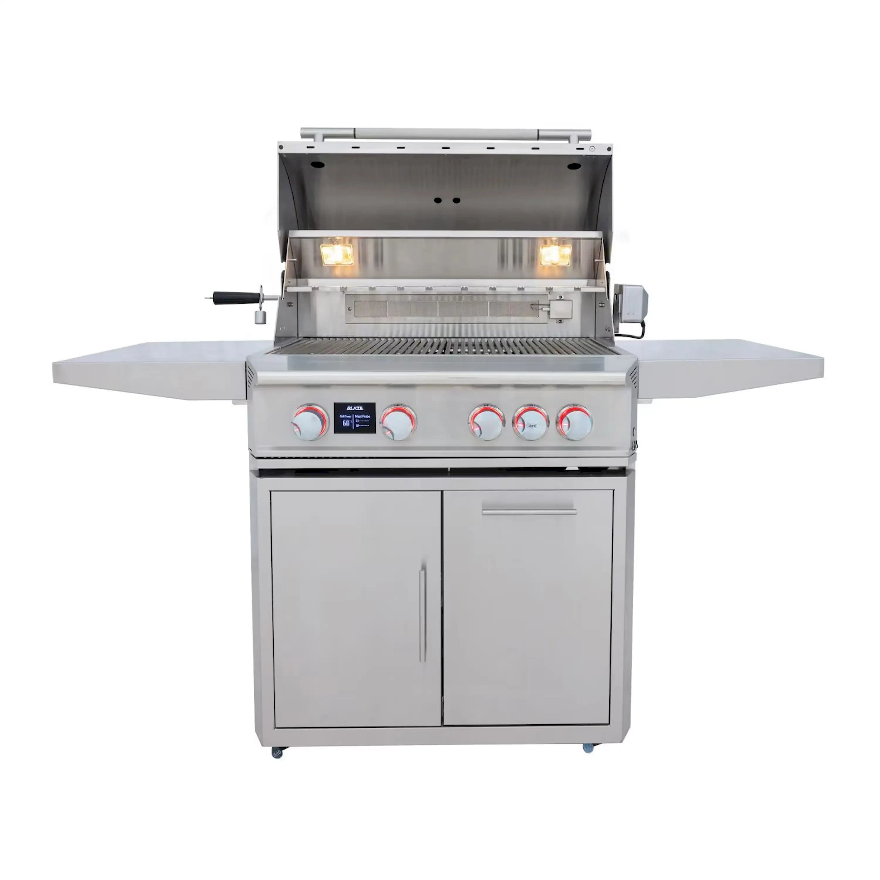 Freestanding natural gas grill with side shelves and four control knobs