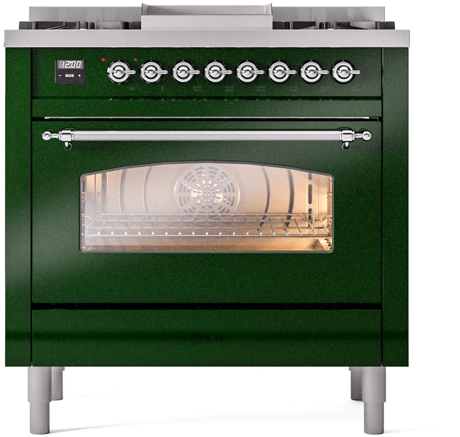 Emerald green dual fuel range with control knobs and glass oven door