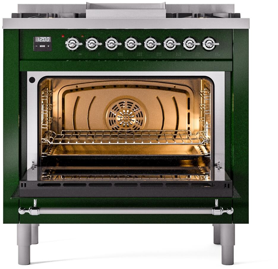 Emerald green dual fuel range oven with open door, rack, and visible heating elements