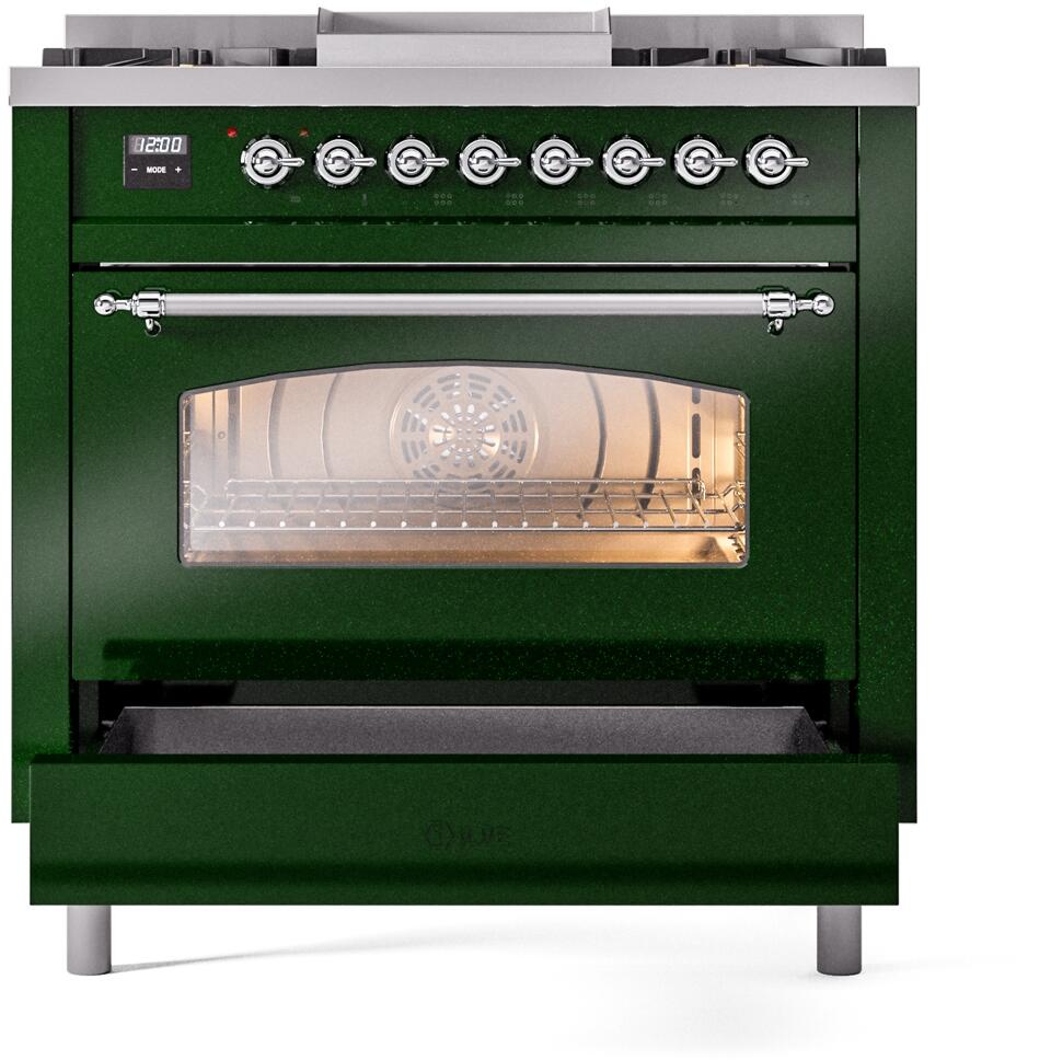 Emerald green dual fuel range oven with open door and top control panel