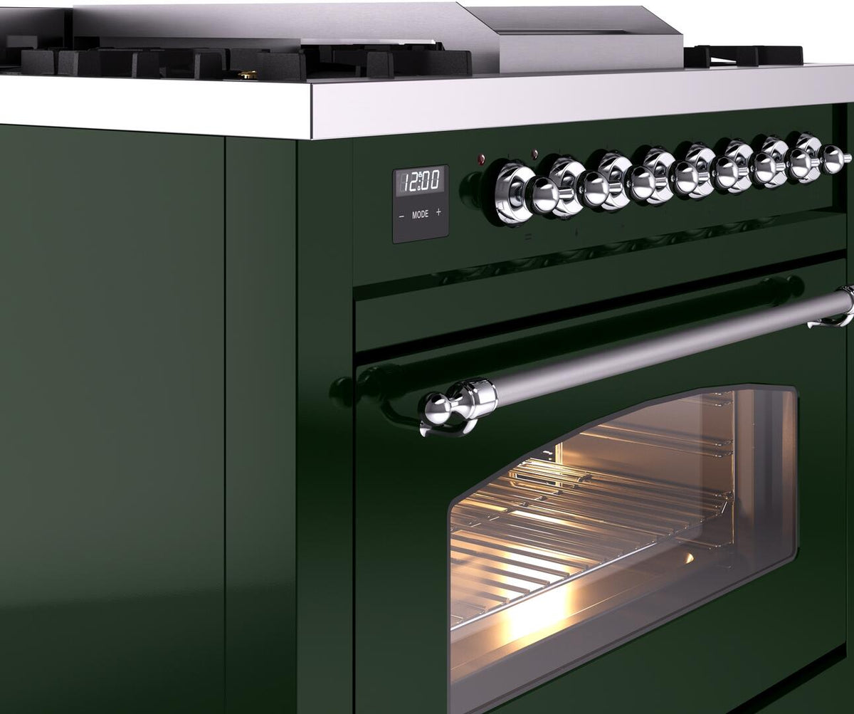 Chrome knob control panel on emerald green dual fuel range with handle and oven window