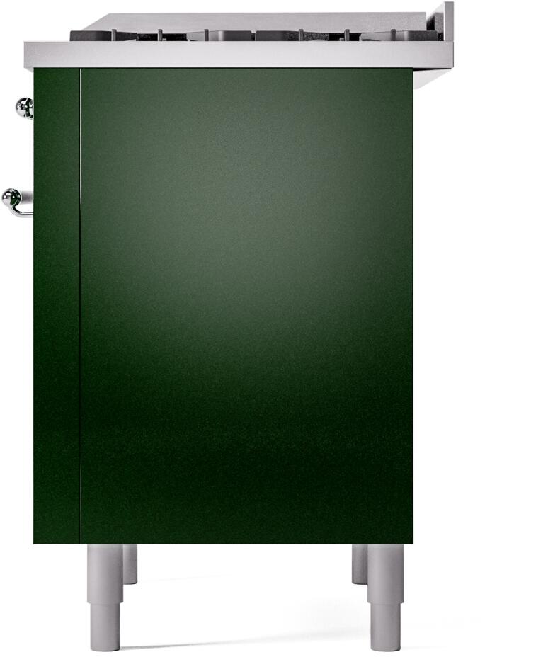 Emerald green freestanding range side panel with corner hardware and chrome feet