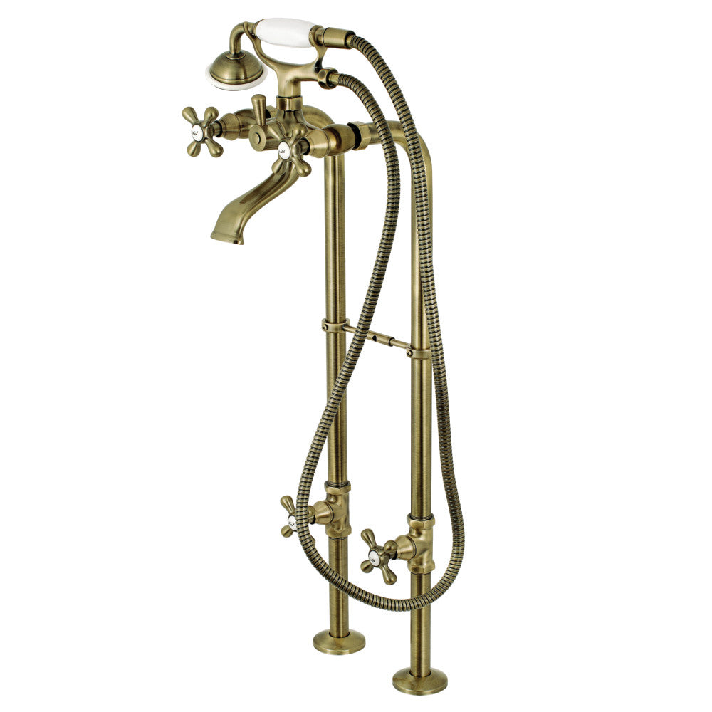 Freestanding tub faucet with cross handles and braided supply lines, antique brass finish