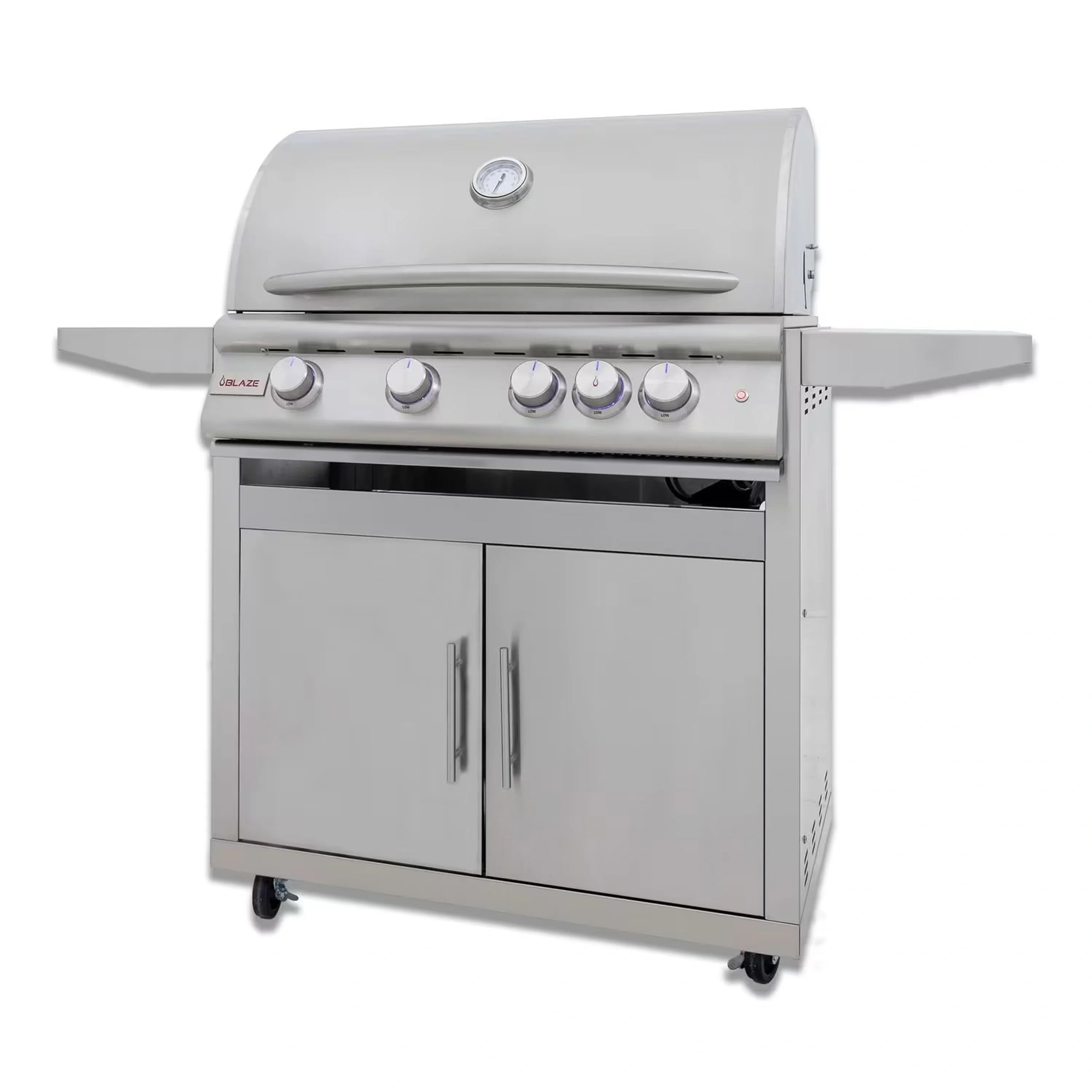 Stainless steel 4-burner freestanding natural gas grill with side shelves and control knobs