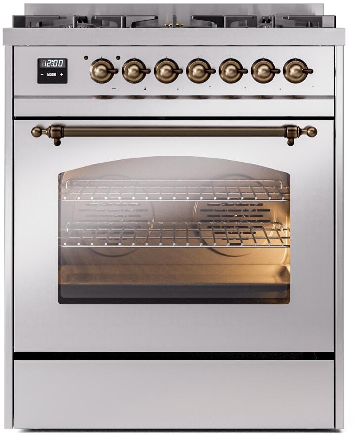 ILVE Nostalgie II 30-Inch Dual Fuel Freestanding Range in Stainless Steel with Bronze Trim (UP30NMPSSB)