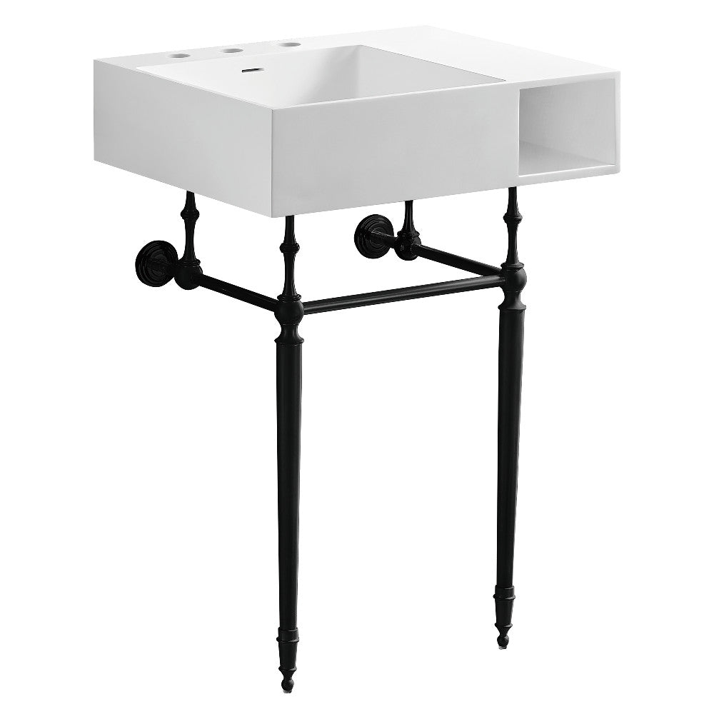 Matte white console sink with square basin, black legs, and 3-hole faucet deck