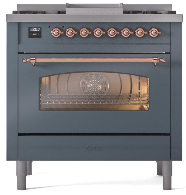 ILVE Nostalgie II 36-Inch Dual Fuel Freestanding Range in Blue Grey with Copper Trim (UP36FNMPBGP)