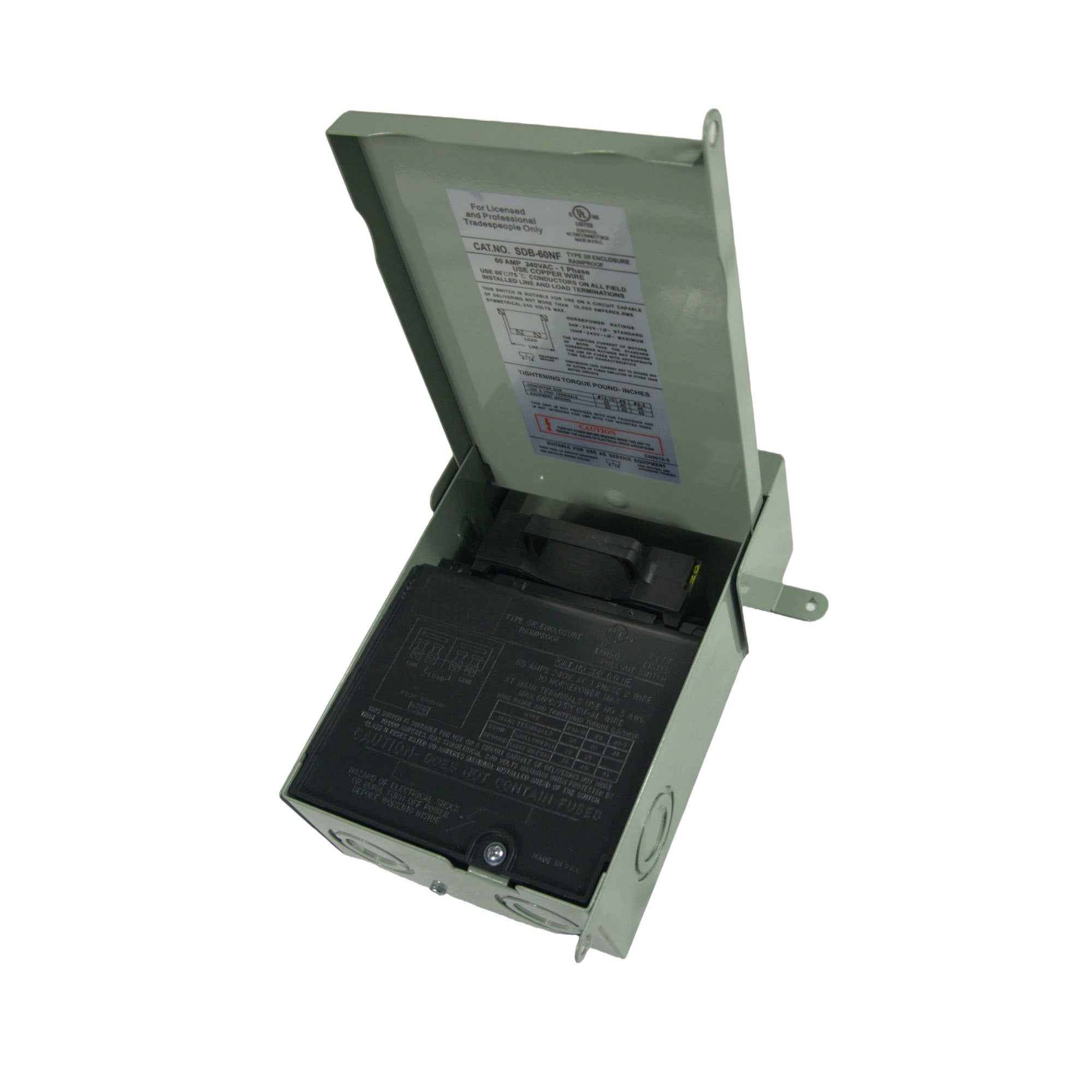Wall-mount AC disconnect box with cover open, label plate visible inside