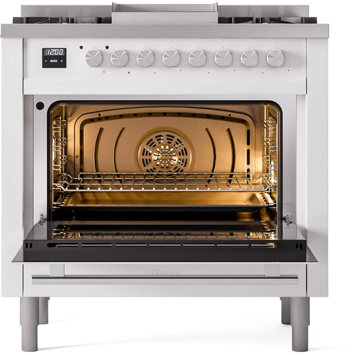 White dual fuel range with open oven cavity and chrome oven rack
