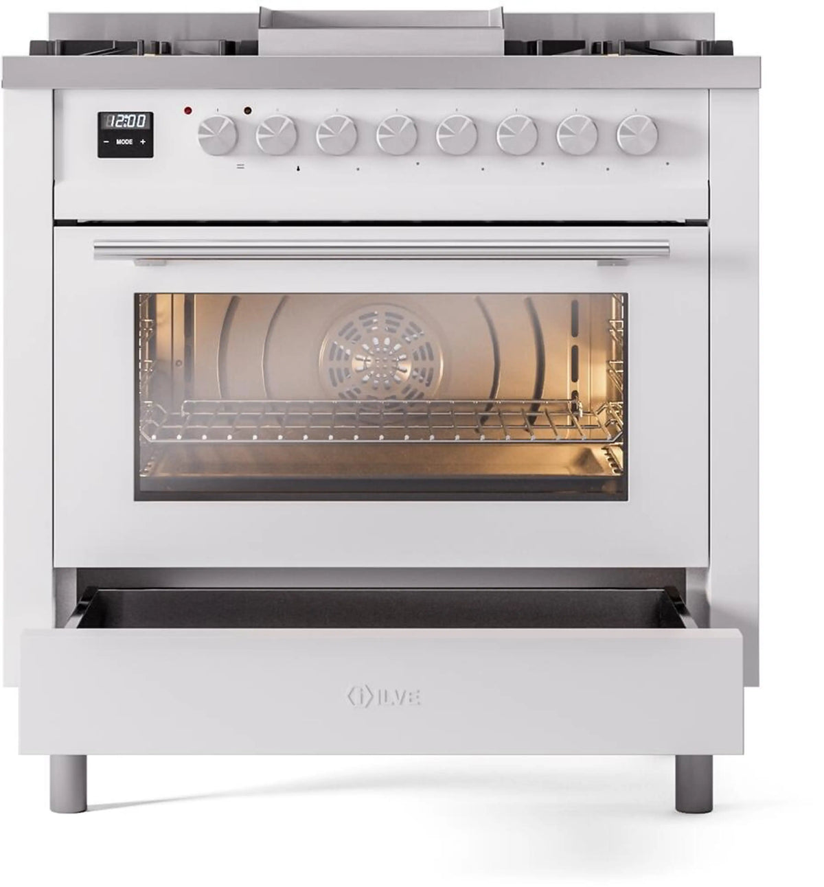 White freestanding dual-fuel gas range with oven window and control knobs