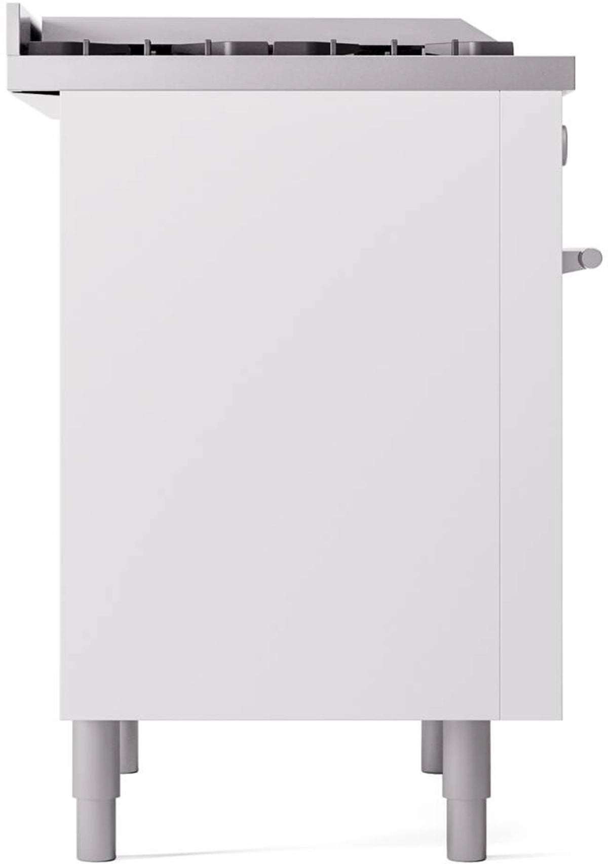 White rear panel of freestanding gas range with side fittings and four legs