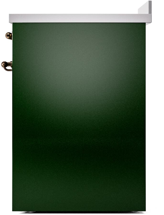 Emerald green freestanding electric induction range rear side with bronze mounting hardware