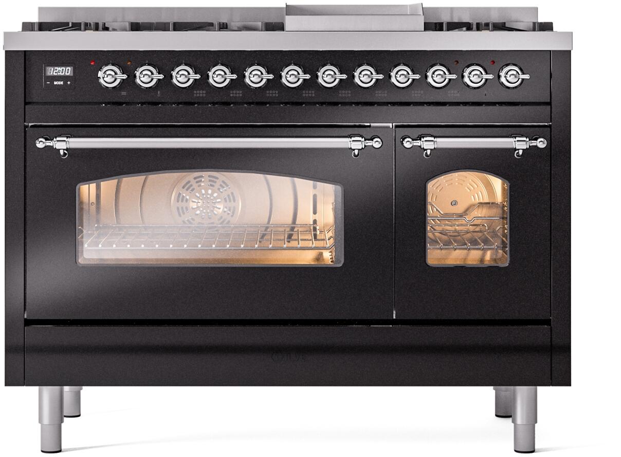 Glossy black freestanding range front with oven window and row of control knobs