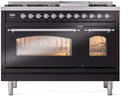 ILVE Nostalgie II 48-Inch Dual Fuel Freestanding Range in Glossy Black with Chrome Trim (UP48FNMPBKCLP)