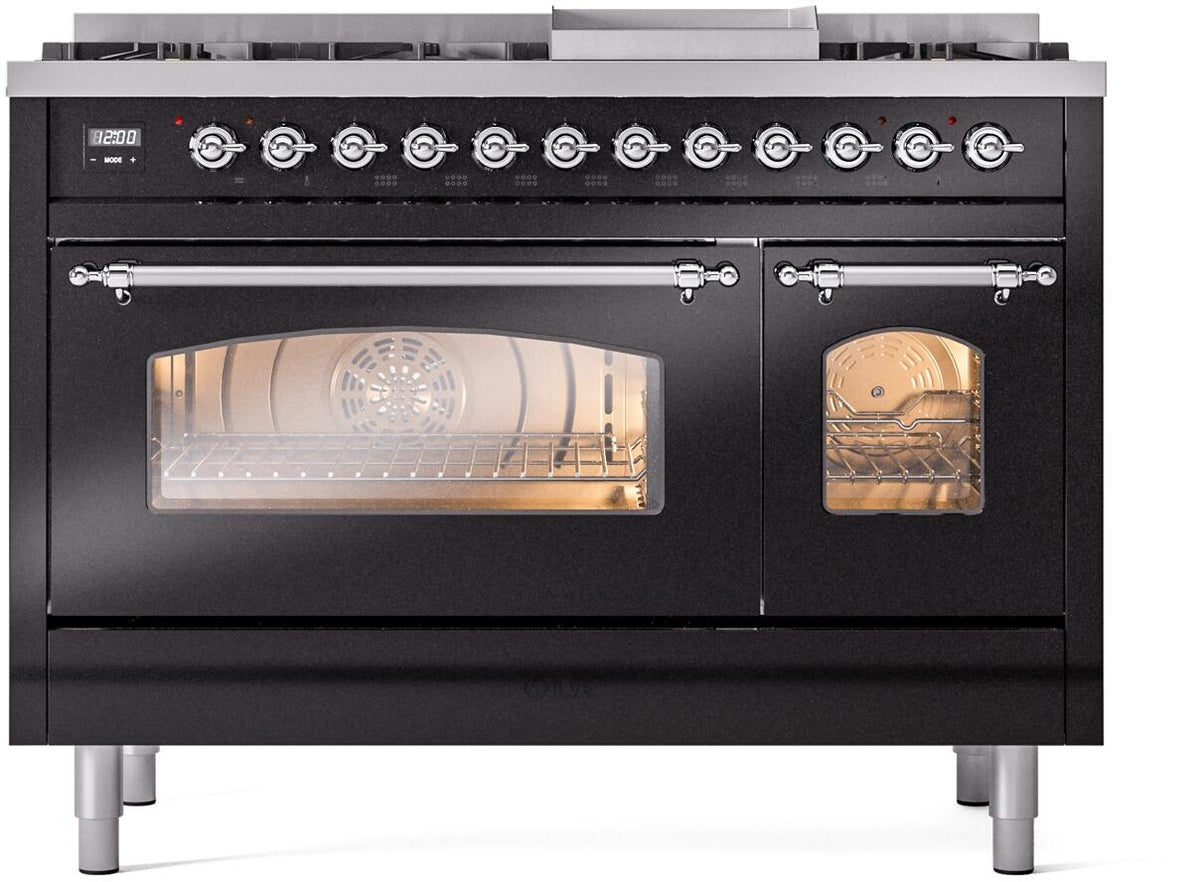 Freestanding dual fuel range, glossy black with chrome handles; oven light on through glass windows