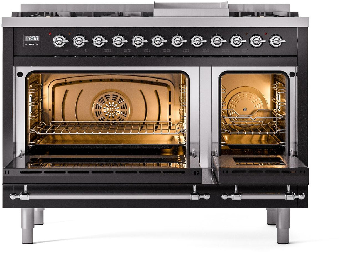 Glossy black range with both oven doors open, showing lit racks inside
