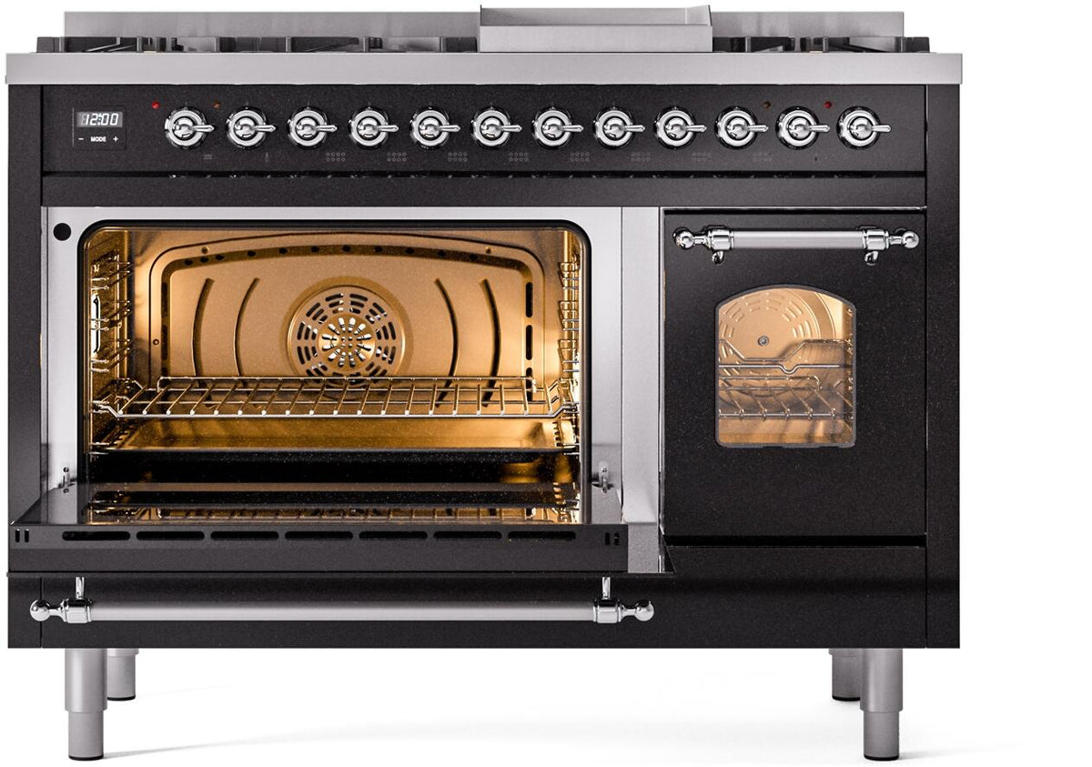 Glossy black range with oven compartment open, showing lit rack and interior detail