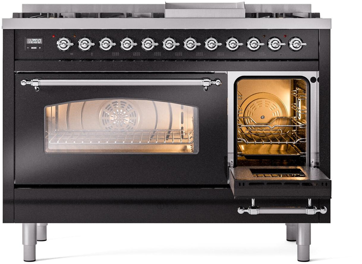 Freestanding dual fuel range with left oven door open and right oven door open; interior lights on