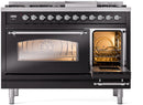 ILVE Nostalgie II 48-Inch Freestanding Natural Gas Dual Fuel Range in Glossy Black with Chrome Trim (UP48FNMPBKC)