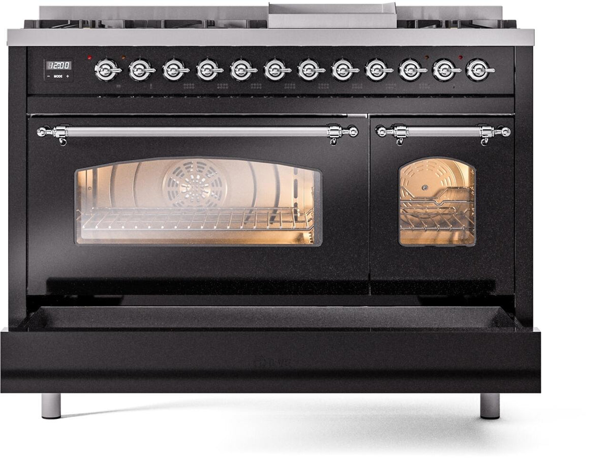 Glossy black range with lower oven door open, illuminated interior, and control knobs