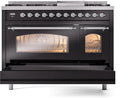 ILVE Nostalgie II 48-Inch Freestanding Natural Gas Dual Fuel Range in Glossy Black with Chrome Trim (UP48FNMPBKC)