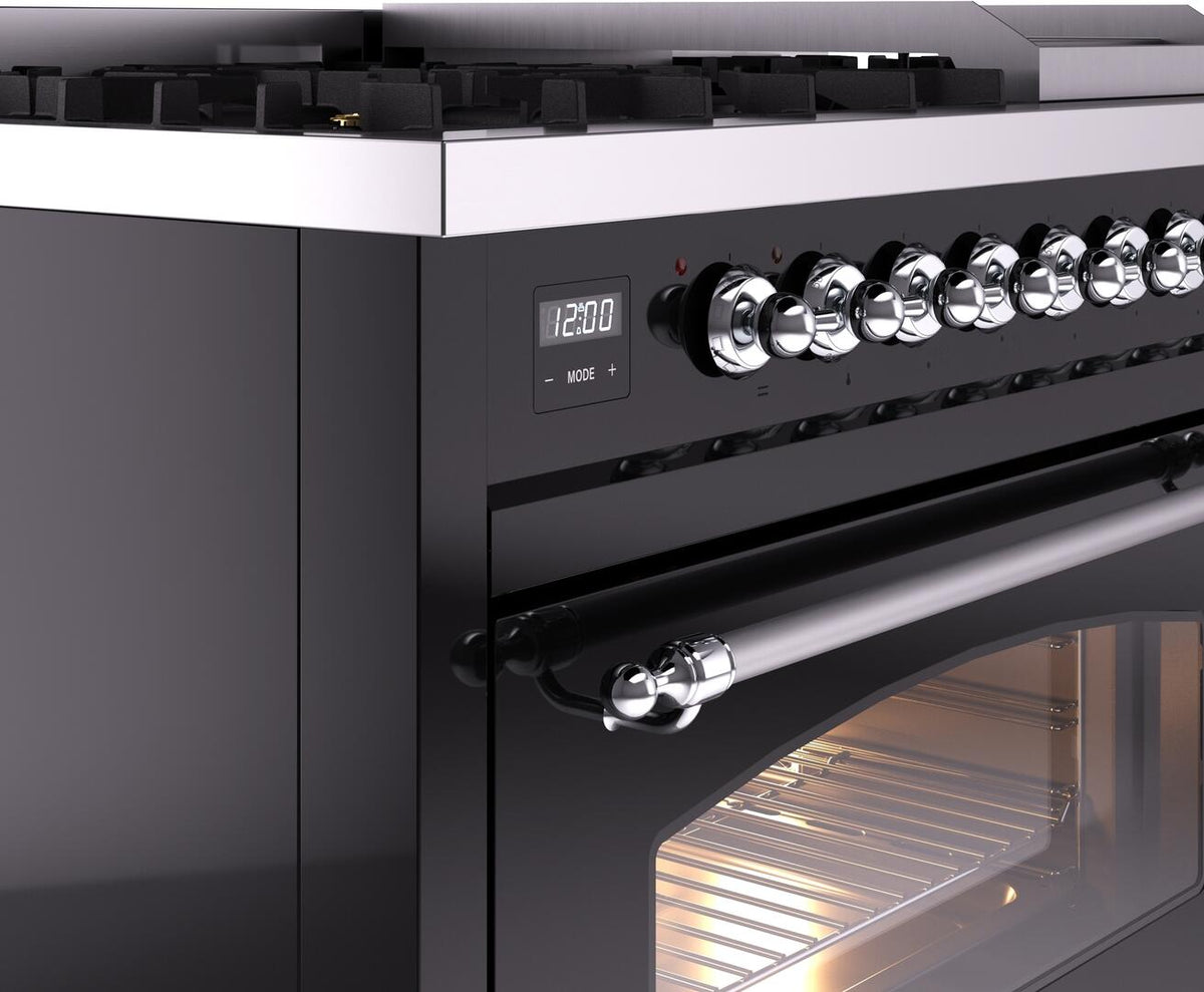 Freestanding dual fuel range in glossy black with chrome control knobs and oven handle
