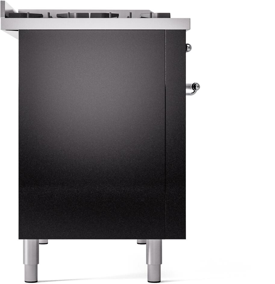 Glossy black freestanding range front panel with chrome legs and side handle