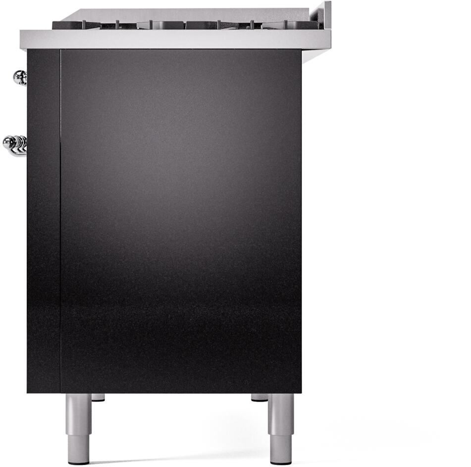 Glossy black freestanding range back corner with top burner grates and chrome legs