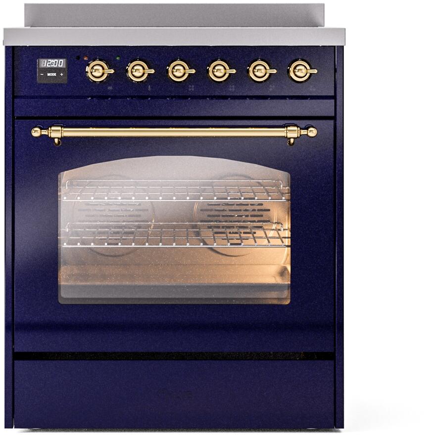 Freestanding electric induction range in midnight blue with brass trim, closed oven door