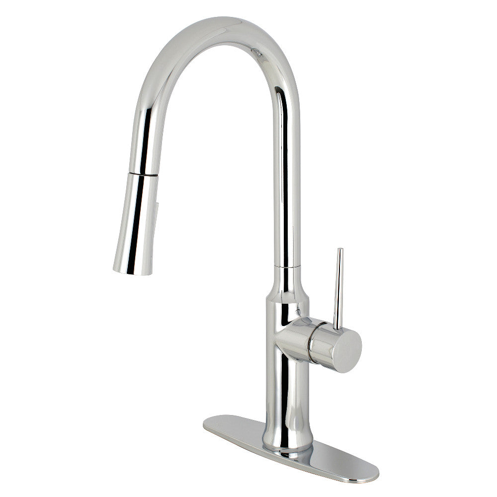 Polished chrome single-handle kitchen faucet with tall gooseneck spout and deck plate