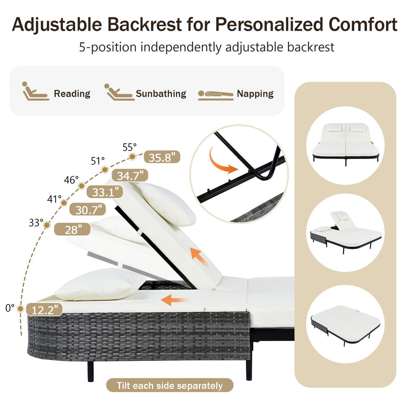 Parrot Uncle Outdoor Patio Rattan Daybed with 5-Position Adjustable Backrest, Removable Cushions & Pillows for Garden, Backyard, Poolside
