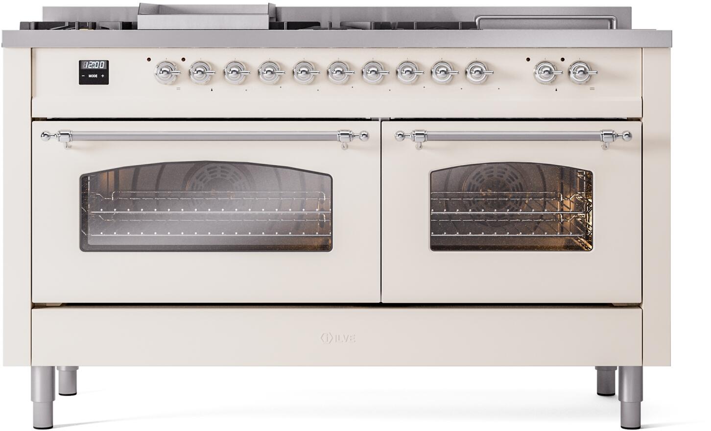 Antique white dual fuel range front with two glass oven doors and chrome control knobs