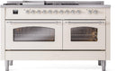 ILVE Nostalgie II 60-Inch Propane Gas Dual Fuel Range with 7 Burners, Griddle, & French Top with Triple Glass Door Oven in Antique White with Chrome Trim (UP60FSNMPAWCLP)