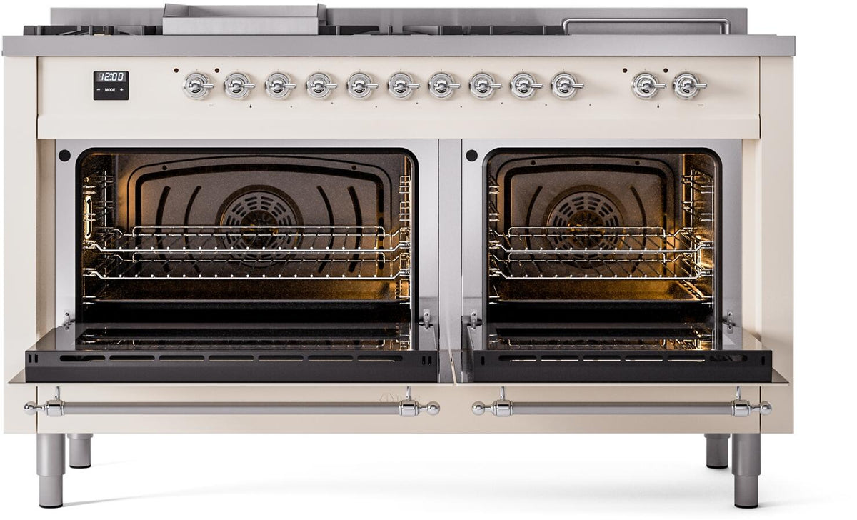Dual fuel range with both oven doors open, showing wire racks and warm lighting