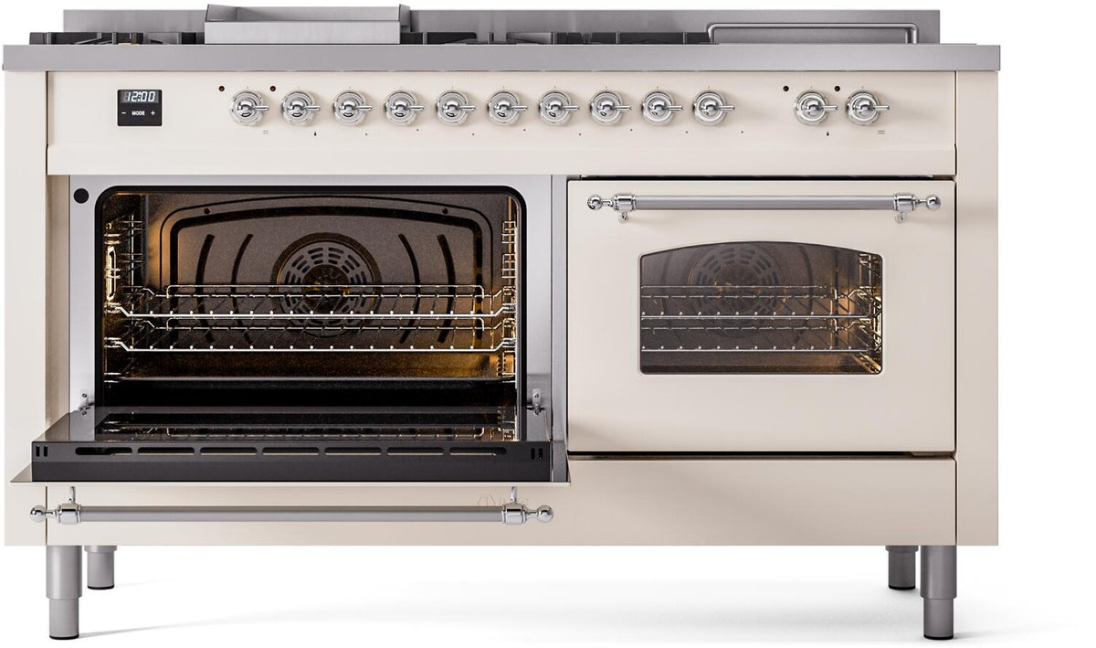 Antique white dual fuel range with left oven open and right oven door