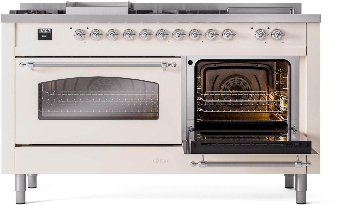 Dual fuel range front with left oven door and right door open, showing bake chambers